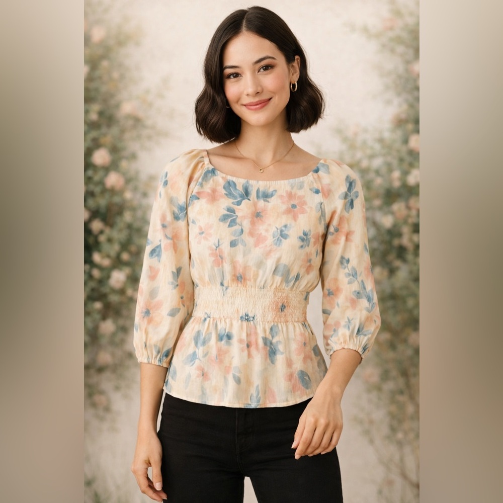 NWT Ryegrass Women's Floral Sun-kissed 3/4 Sleeve Pastel Blouse Sz. M